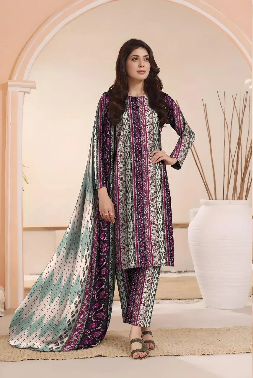 Vibrant Green Printed Masterpiece: 3 Piece Women's Unstitched Suit