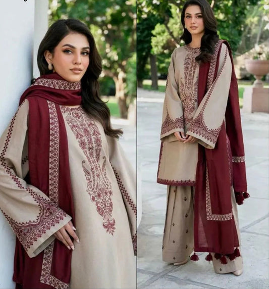 Ivory Embroidered Masterpiece: 3 Piece Women's Unstitched Suit