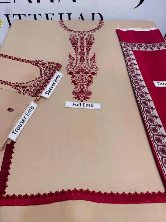 Ivory Embroidered Masterpiece: 3 Piece Women's Unstitched Suit